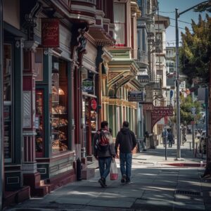 Two people walking down a San Francisco shopping street