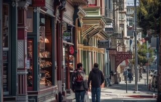 Two people walking down a San Francisco shopping street