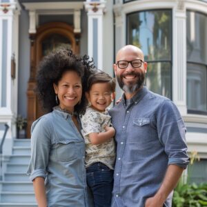 happy family standing outside newly purchased house