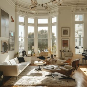 Inside of San Francisco victorian, modern furniture, flooded with natural light 