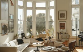 Inside of San Francisco victorian, modern furniture, flooded with natural light