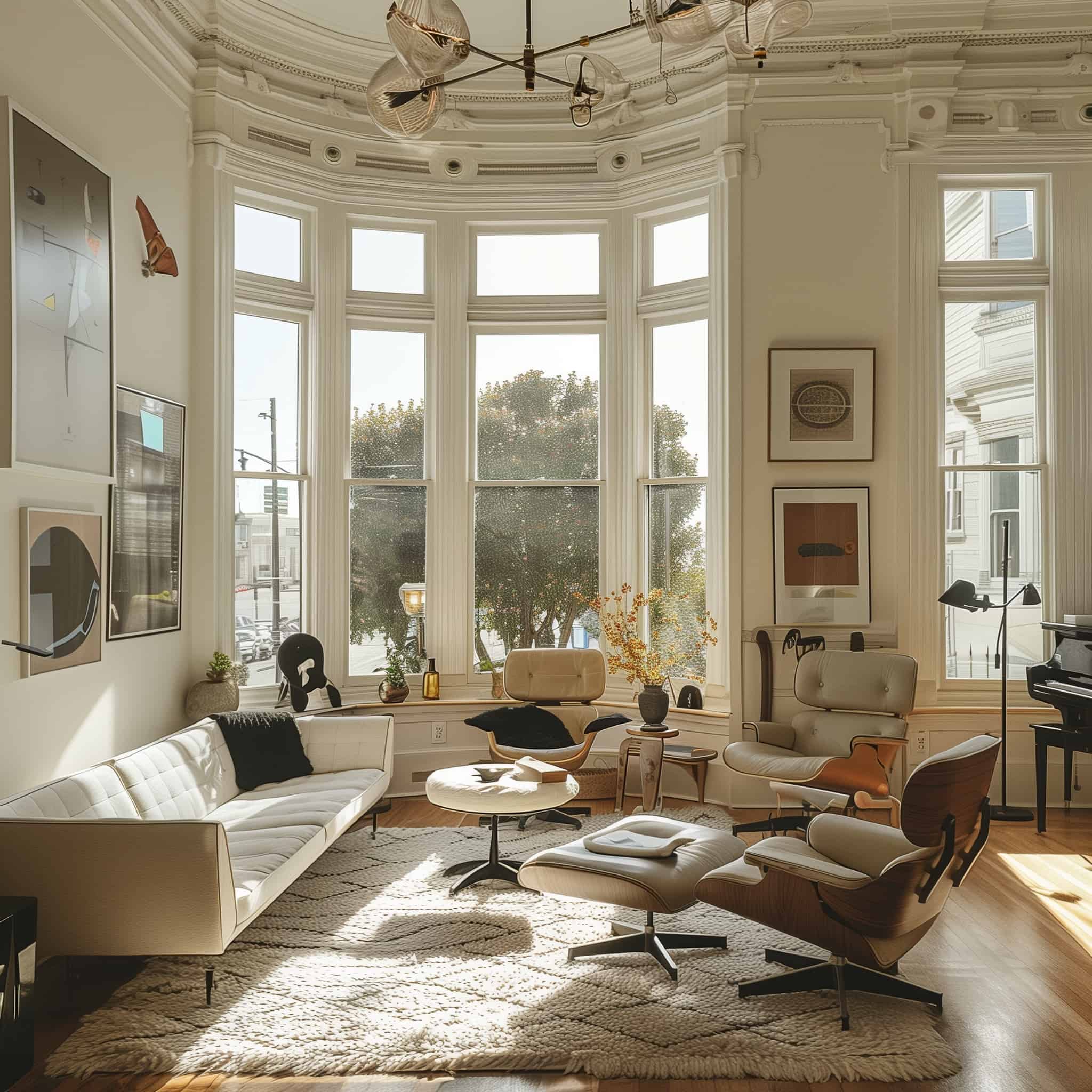 Inside of San Francisco victorian, modern furniture, flooded with natural light