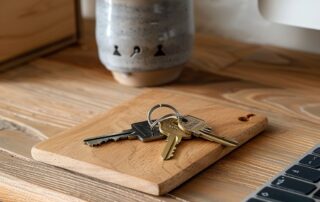 close up on keys with enamel house keyring on a modern wooden desk