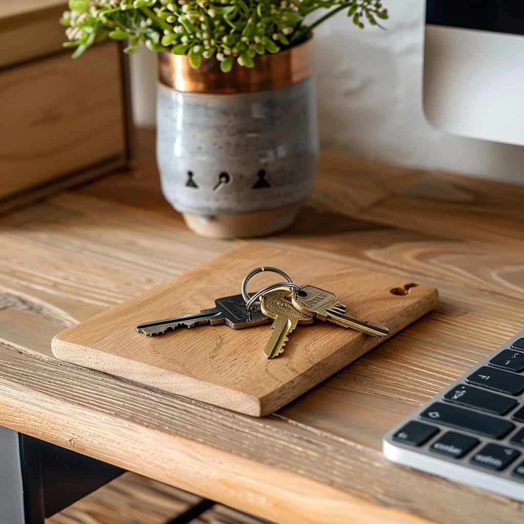 close up on keys with enamel house keyring on a modern wooden desk