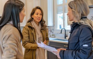 female contractor talking with home owners in kitchen that needs to be remodeled