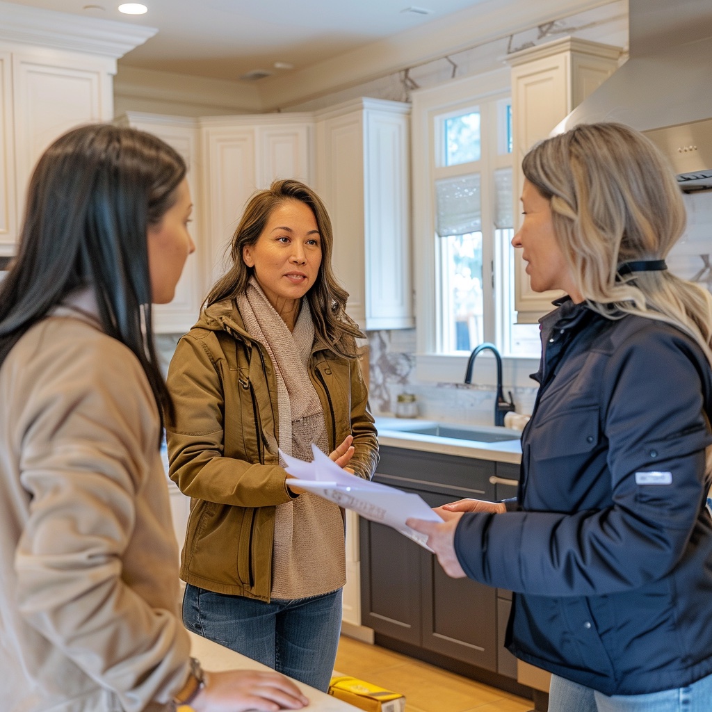 female contractor talking with home owners in kitchen that needs to be remodeled