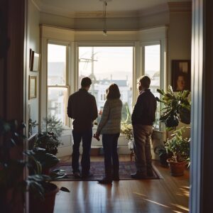 inside san francisco home, three adults looking at the home with their backs to the viewer, two of the adults are deep in conversation, 