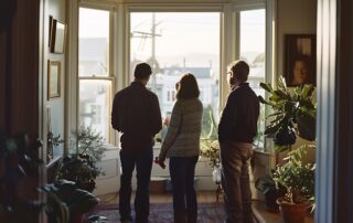 inside san francisco home, three adults looking at the home with their backs to the viewer, two of the adults are deep in conversation,
