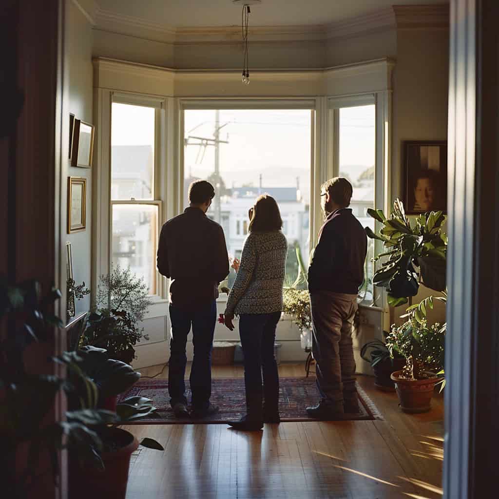 inside san francisco home, three adults looking at the home with their backs to the viewer, two of the adults are deep in conversation,