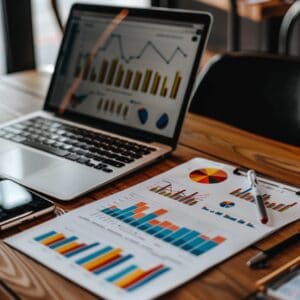 home desk with colorful charts and graphs next to an open laptop