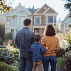 happy family standing with their backs to the camera in front of a house in san francisco celebrating their new home purchase