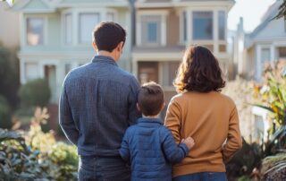 happy family standing with their backs to the camera in front of a house in san francisco celebrating their new home purchase