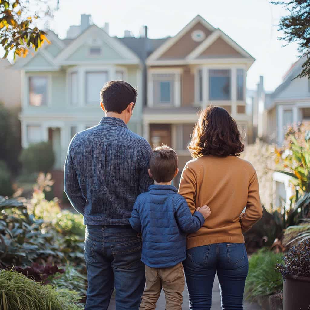 happy family standing with their backs to the camera in front of a house in san francisco celebrating their new home purchase